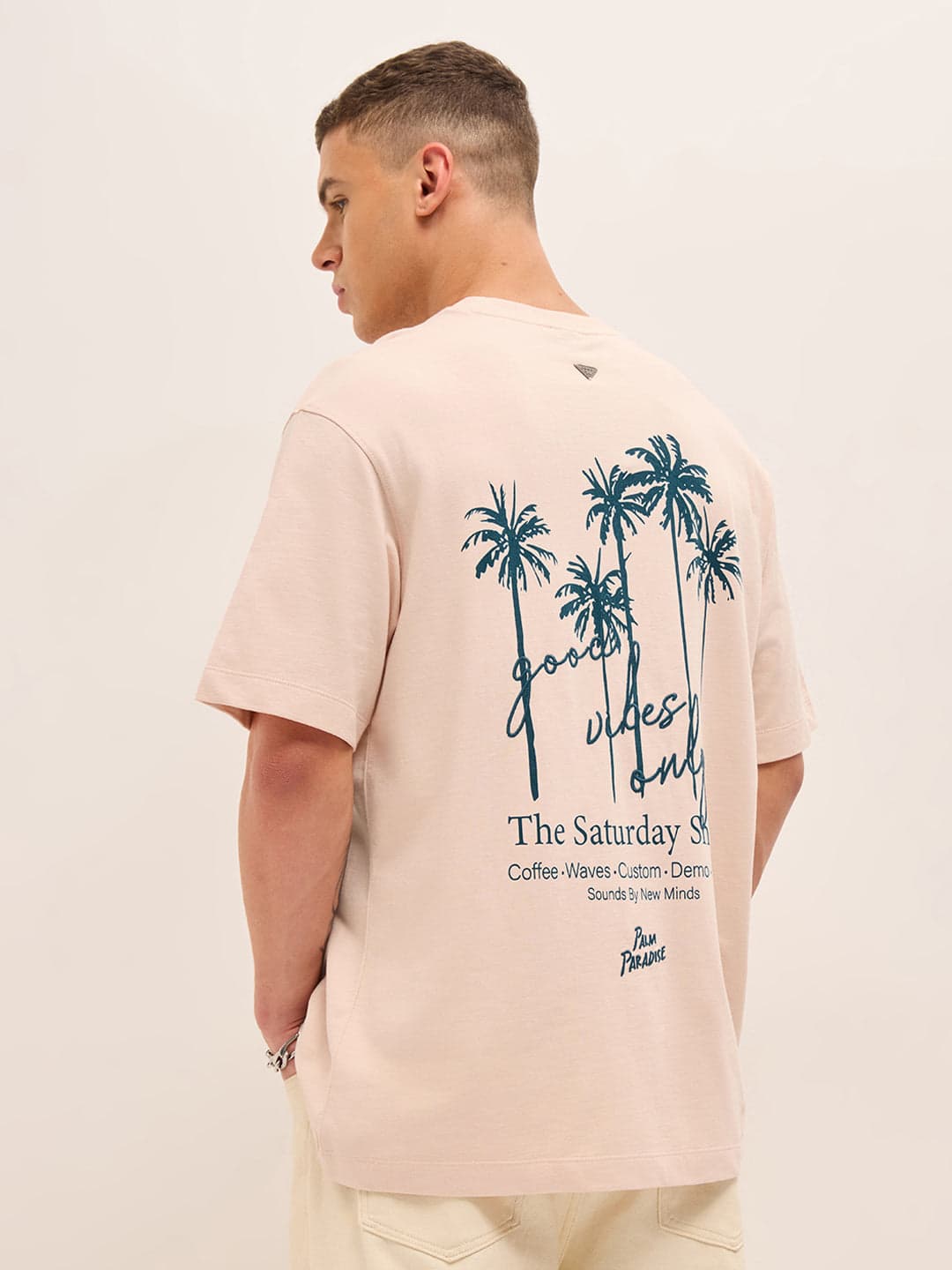 PITH - Peach Oversized Crew Neck T-Shirt with Palm Tree Back Graphic Print image