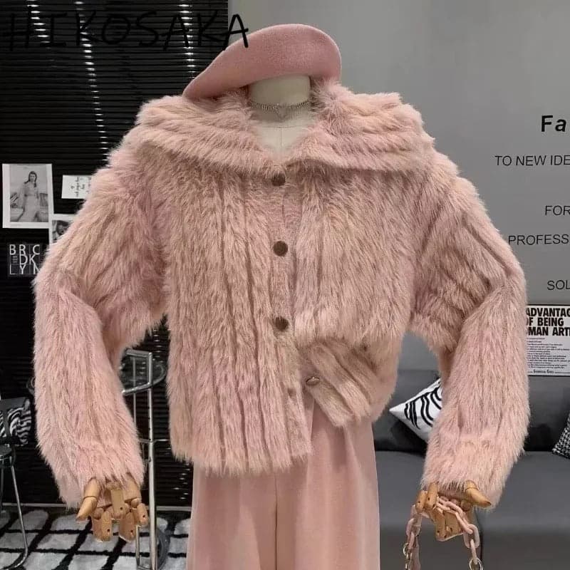 Kaya Cute Woolen Fur Sweater with Buttons - Peach image