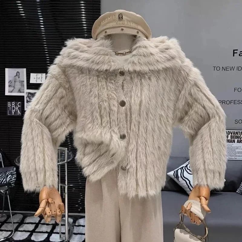 Kaya Cute Woolen Fur Sweater with Buttons - Beige image