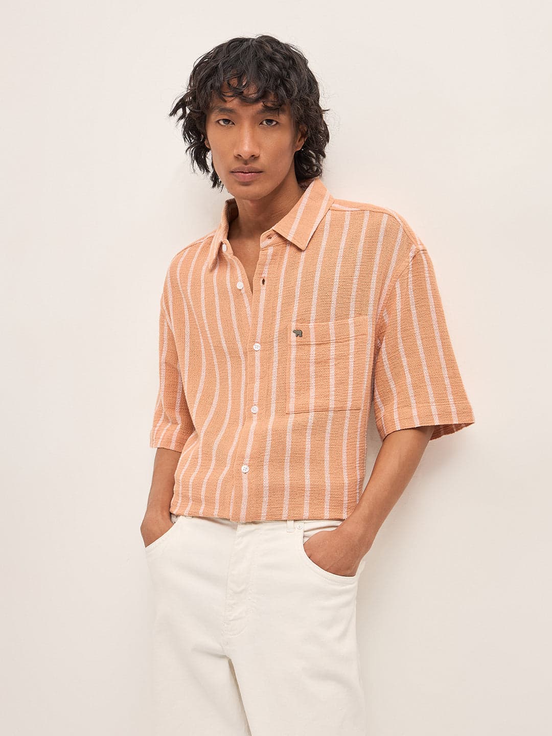 EKZO - Peach Vertical Textured Woven Stripe Relaxed Fit Casual Shirt image