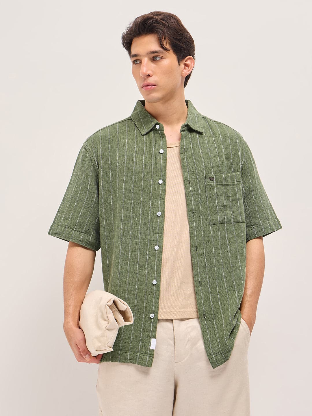 RALO - Green Vertical Textured Woven Stripe Relaxed Fit Casual Shirt image