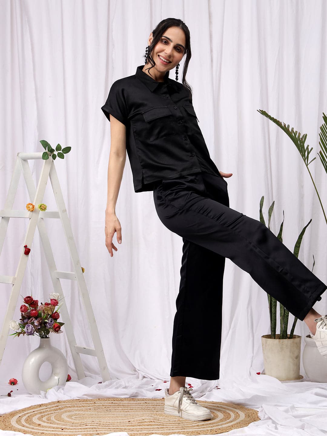 Women's Satin Red Solid Shirt and Wide Leg Trouser Co-ord Set image