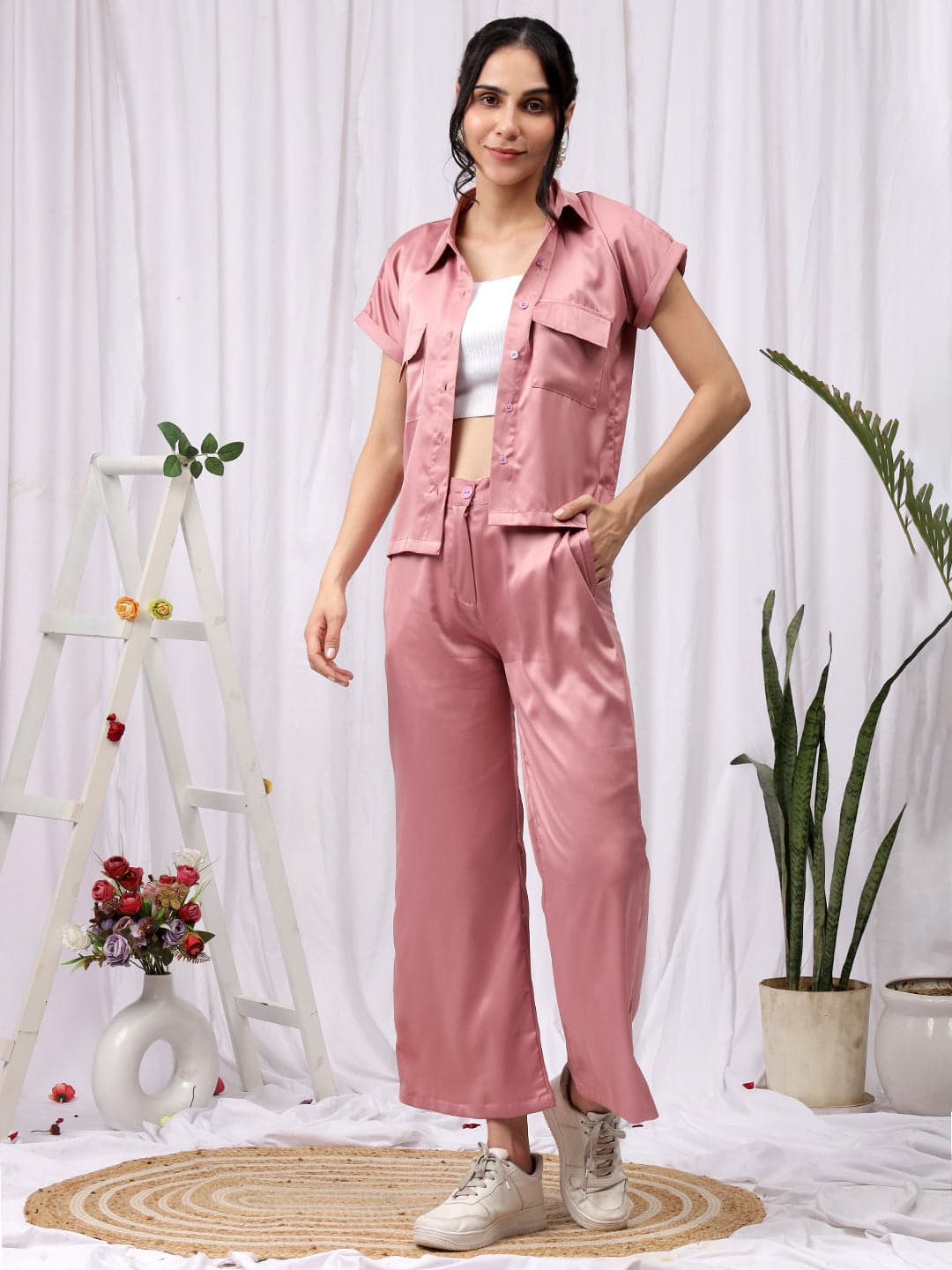 Women's Satin Red Solid Shirt and Wide Leg Trouser Co-ord Set image