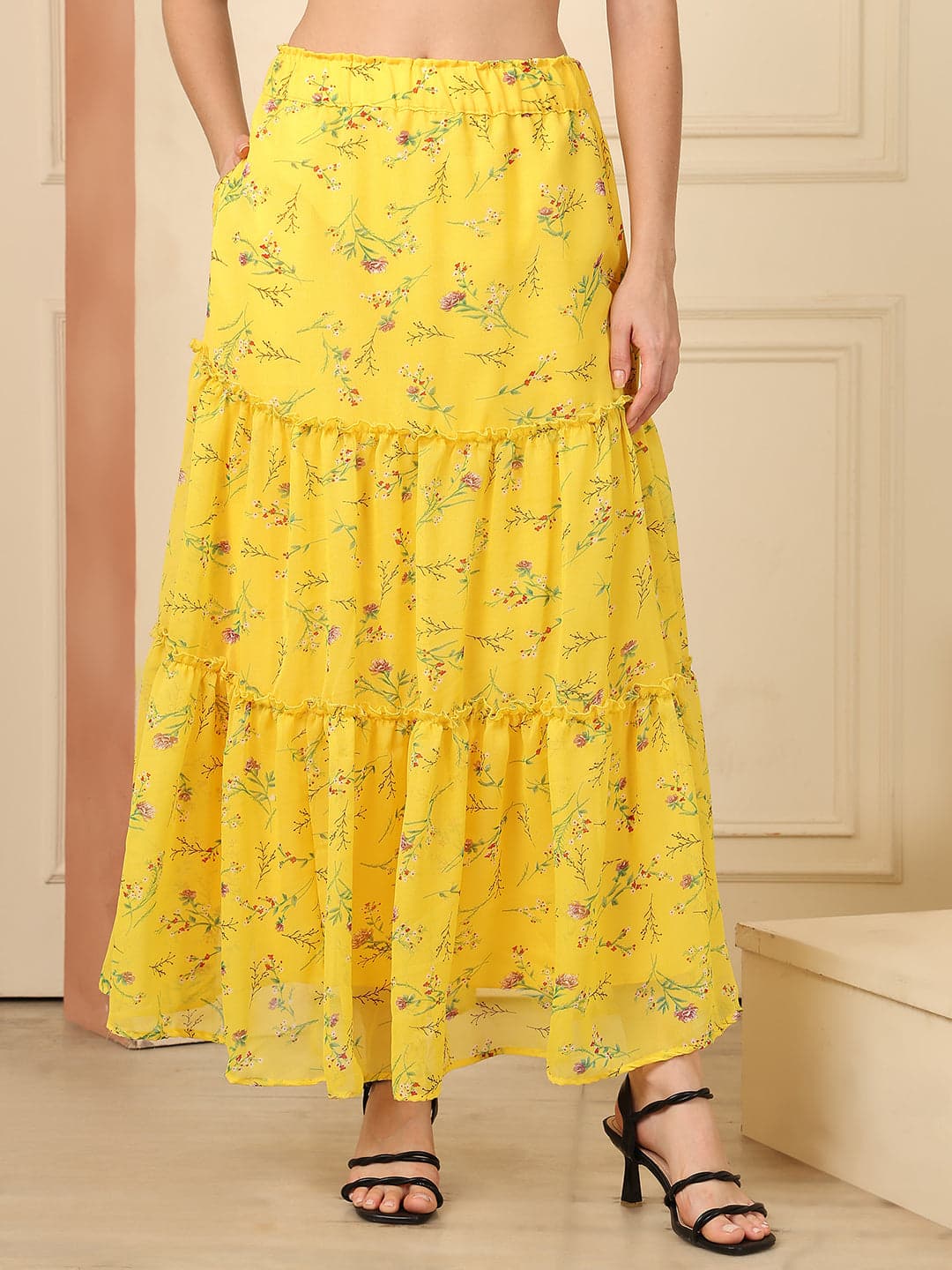 Women's Floral Print Georgette Tiered Maxi Skirt image