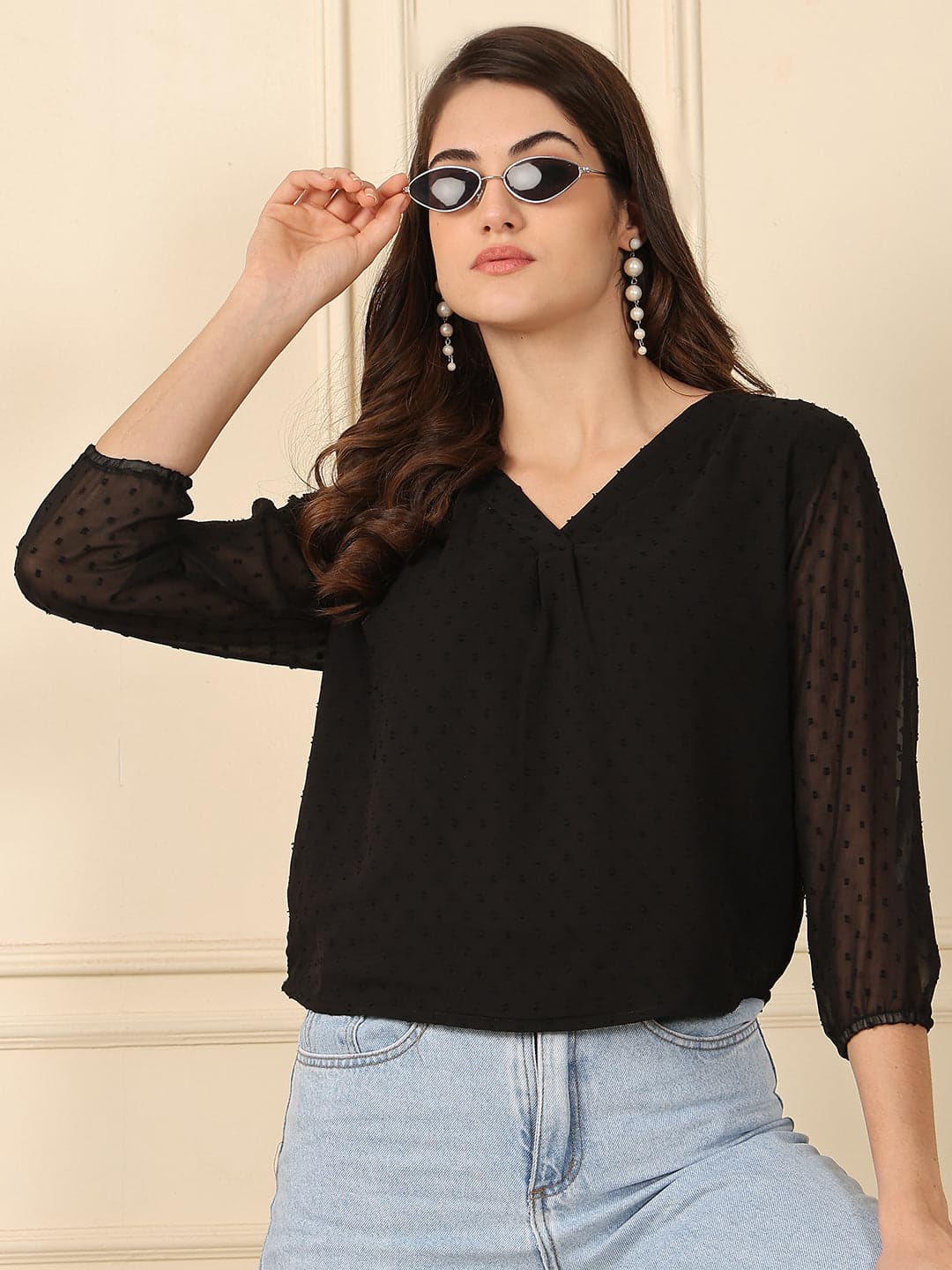 Women's Chiffon Self Designs V Neck Top with 3/4th Sleeves image