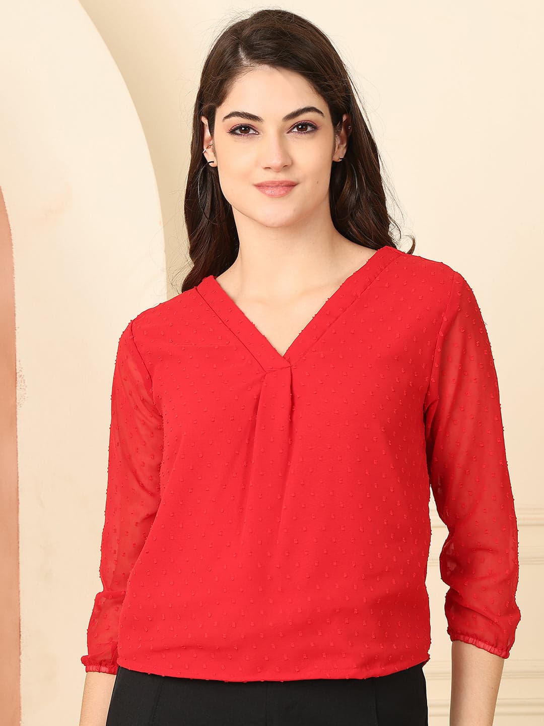 Women's Chiffon Self Designs V Neck Top with 3/4th Sleeves image