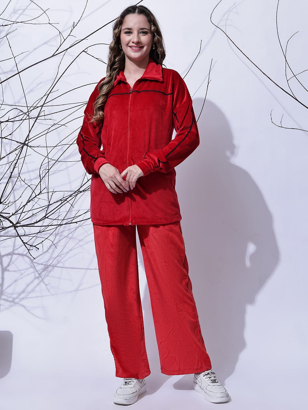 Women's Velvet Two-Piece Co-ord Set, Jacket and Trouser with Piping Detail image