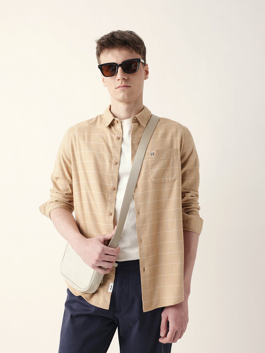 BANDIS - Beige Slim Fit Casual Shirt with Woven Block Checks image