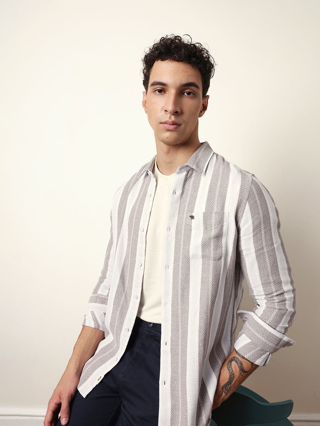 BROOK - Multicolor Vertical Striped Slim Fit Casual Shirt with Woven-Effect Design image