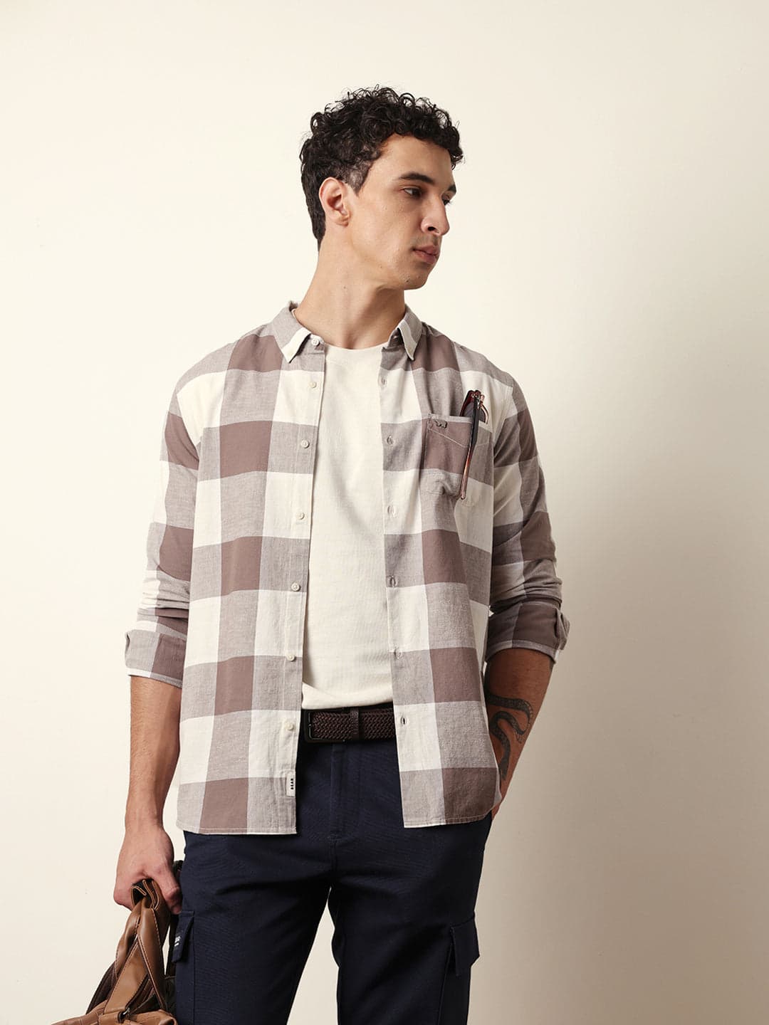 KILORA - Brown & Cream Woven Block Checks Slim Fit Casual Shirt image