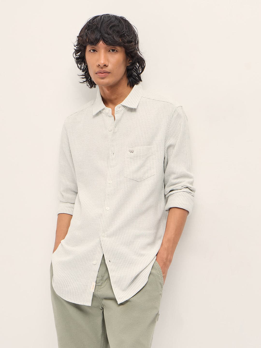 NILEA - Grey Slim Fit Woven Pinstripe Casual Shirt image