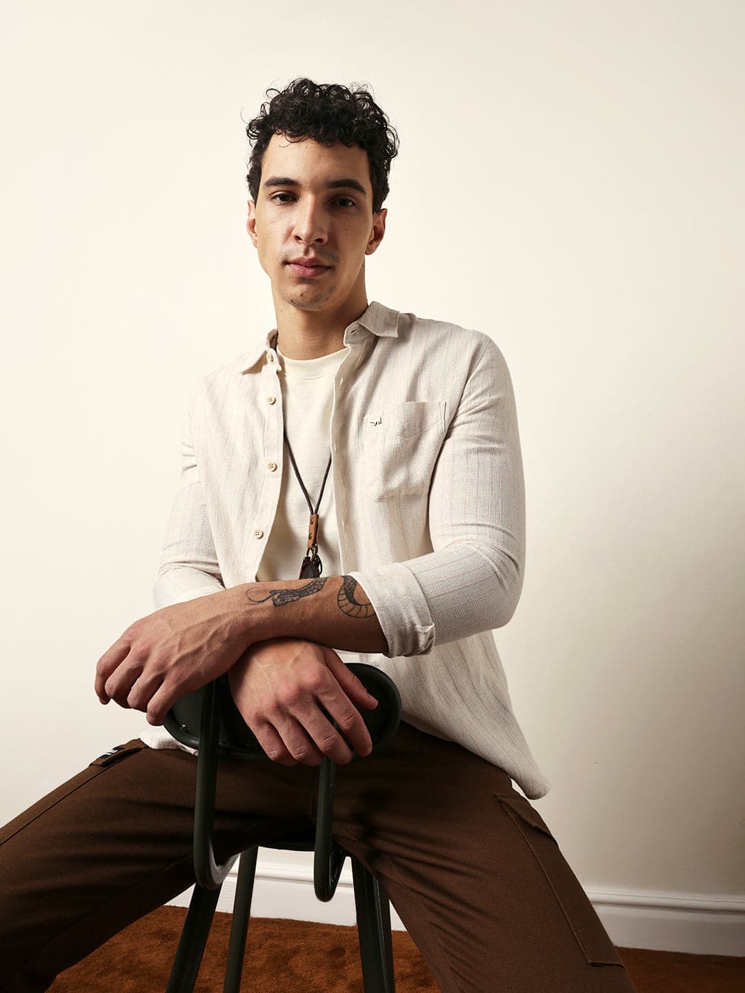 QUIZ - Cream Vertical Woven Stripe Slim Fit Casual Shirt image