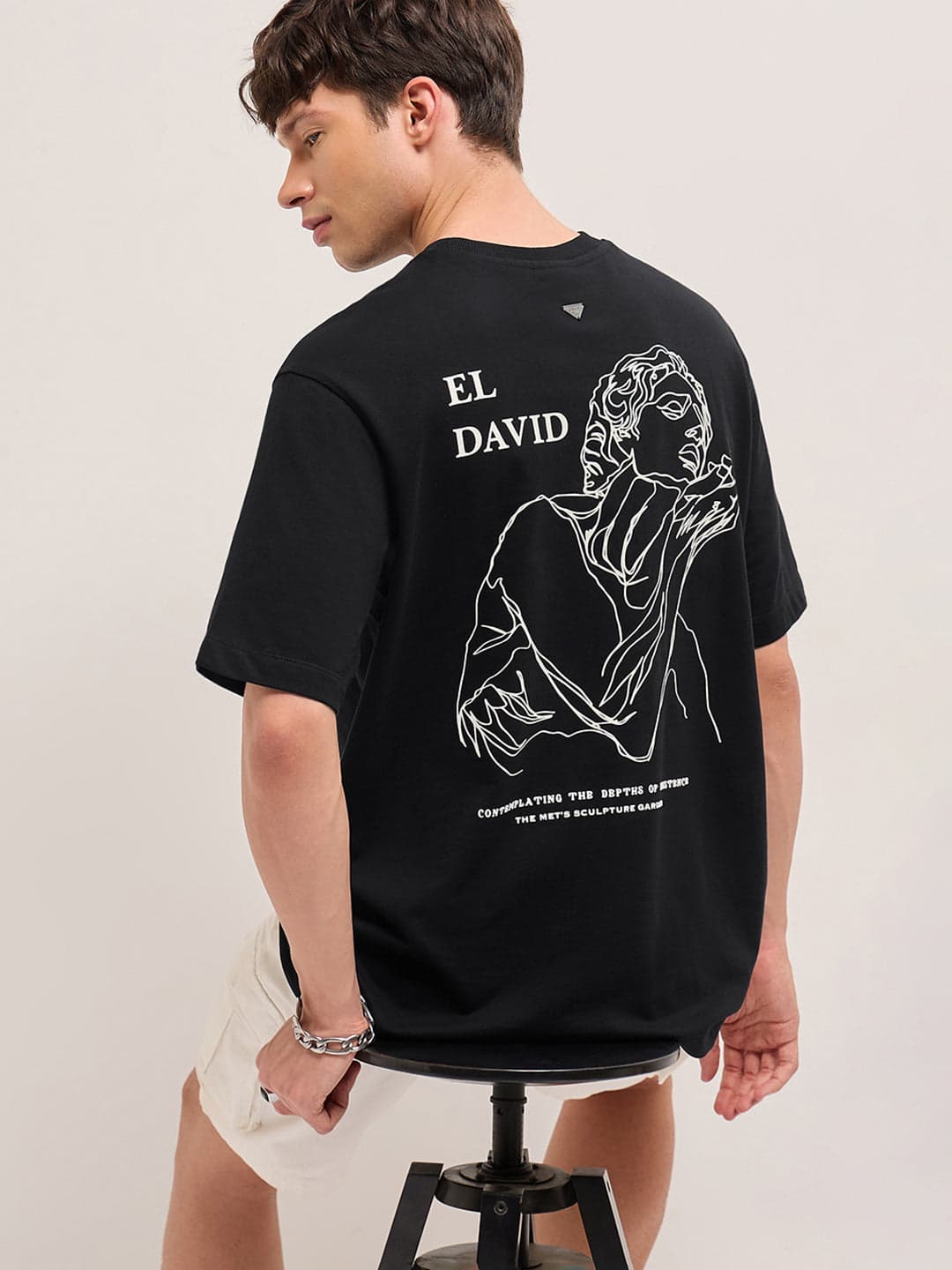DAVID - Black Oversized Cotton T-Shirt with Text Embroidery & El David Sculpture Graphic image