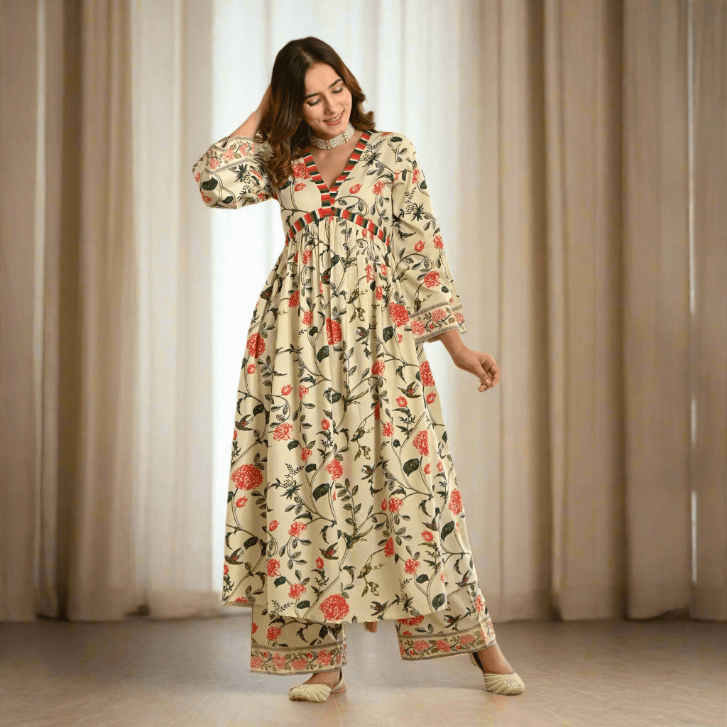 Cream Front Gathered Kurta Pant Co-ord Set image